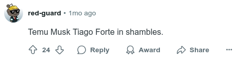 reddit comment "Temu Musk Tiago Forte in shambles."